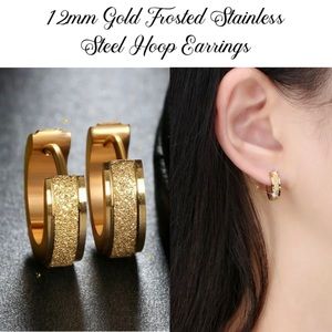 New Classy 12mm Frosted Steel Hoop Huggie Earrings